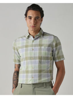 Mufti - Green Cotton Linen Blend Half Sleeves Collar Neck Checks Shirt