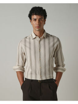Mufti - Beige Cotton Blend Full Sleeves Collar Neck Stripes Shirt