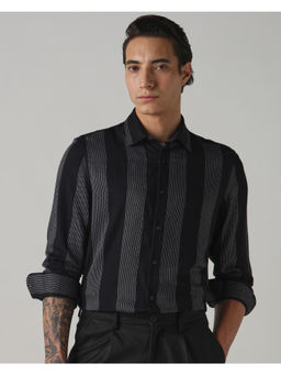 Mufti - Black Viscose Full Sleeves Collar Neck Stripes Shirt