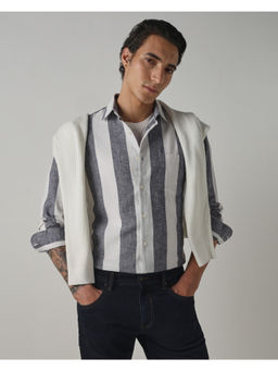 Mufti - Grey Linen Blend Full Sleeves Collar Neck Stripes Shirt