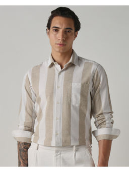 Mufti - Beige Linen Blend Full Sleeves Collar Neck Stripes Shirt