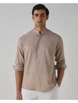 Mufti - Beige Cotton Full Sleeves Mandarin Neck Stripes Shirt