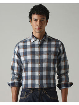 Mufti - Indigo Cotton Full Sleeves Collar Neck Checks Shirt