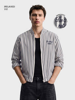 The Indian Garage Co - Men White Relaxed Fit Vertical Striped Baseball Collar Full Sleeves Jacket