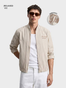 The Indian Garage Co - Men Beige Relaxed Fit Vertical Striped Baseball Collar Full Sleeves Jacket