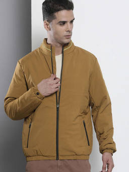 The Indian Garage Co - Men Khaki Slim Fit Solid High Neck Collar Full Sleeves Jacket