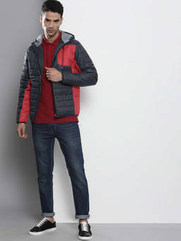 The Indian Garage Co - Men Navy Blue Slim Fit Solid Hooded Full Sleeves Jacket