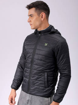 The Indian Garage Co - Men Black Slim Fit Solid Hooded Full Sleeves Jacket