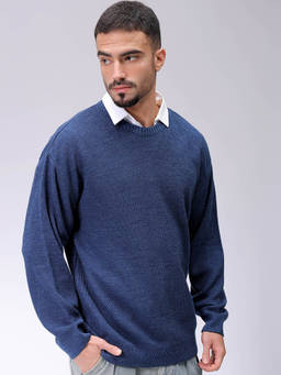 The Indian Garage Co - Men Blue Oversized Solid Crew Neck Full Sleeves Sweater