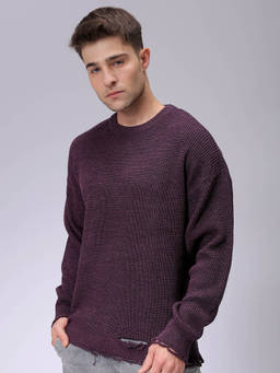 The Indian Garage Co - Men Purple Oversized Distressed Crew Neck Full Sleeves Sweater