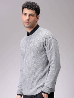 The Indian Garage Co - Men Grey Oversized Textured Crew Neck Full Sleeves Sweater