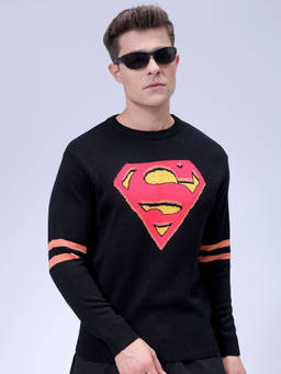 The Indian Garage Co - Men Black Relaxed Fit Superman Printed Crew Neck Full Sleeves Sweater