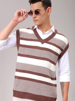 The Indian Garage Co - Men Brown Oversized Horizontal Striped V-Neck Sleeveless Sweater
