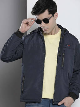 The Indian Garage Co - Men Navy Blue Slim Fit Solid Hooded Full Sleeves Jacket