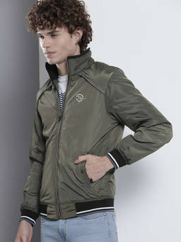 The Indian Garage Co - Men Olive Slim Fit Solid High Neck Collar Full Sleeves Jacket