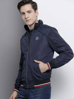 The Indian Garage Co - Men Blue Slim Fit Solid High Neck Collar Full Sleeves Jacket