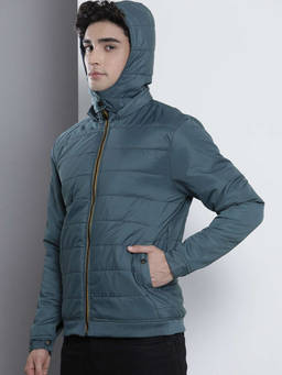 The Indian Garage Co - Men Teal Slim Fit Solid Detachable Hood Full Sleeves Jacket