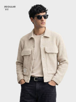 The Indian Garage Co - Men Cream Regular Fit Textured Full Sleeves Shacket