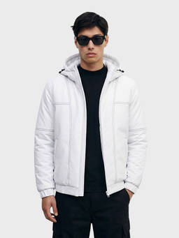 The Indian Garage Co - Men White Relaxed Fit Textured Hooded Full Sleeves Jacket
