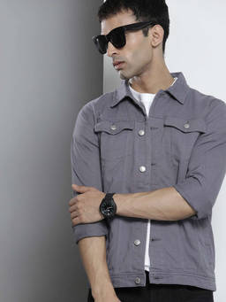 The Indian Garage Co - Men Grey Slim Fit Solid Cutaway Collar Full Sleeves Shacket