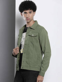 The Indian Garage Co - Men Olive Slim Fit Solid Cutaway Collar Full Sleeves Shacket