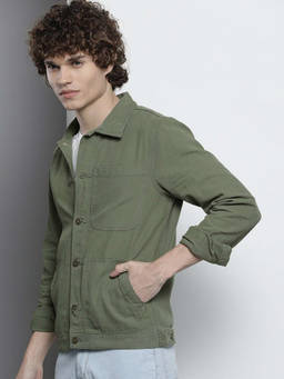 The Indian Garage Co - Men Green Slim Fit Solid Cutaway Collar Full Sleeves Shacket