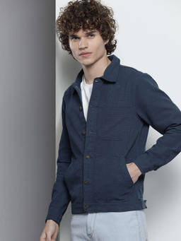 The Indian Garage Co - Men Navy Blue Slim Fit Solid Cutaway Collar Full Sleeves Shacket