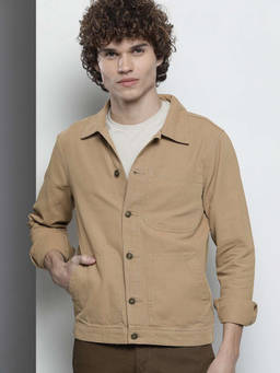 The Indian Garage Co - Men Khaki Slim Fit Solid Cutaway Collar Full Sleeves Shacket