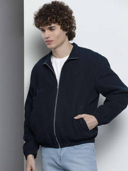 The Indian Garage Co - Men Navy Blue Slim Fit Solid Cutaway Collar Full Sleeves Jacket