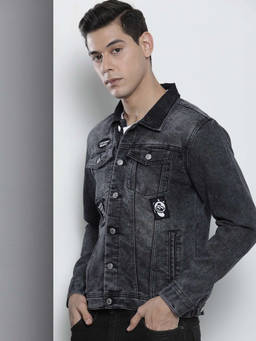 The Indian Garage Co - Men Charcoal Slim Fit Solid Full Sleeves Denim Jacket