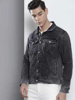 The Indian Garage Co - Men Charcoal Slim Fit Solid High Neck Collar Full Sleeves Denim Jacket