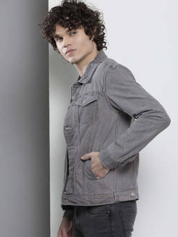 The Indian Garage Co - Men Grey Slim Fit Solid High Neck Collar Full Sleeves Denim Jacket