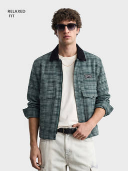 The Indian Garage Co - Men Green Relaxed Fit Checked Cutaway Collar Full Sleeves Jacket