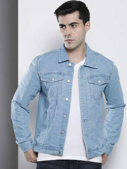 The Indian Garage Co - Men Blue Slim Fit Solid High Neck Collar Full Sleeves Denim Jacket