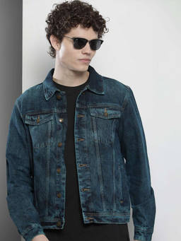 The Indian Garage Co - Men Blue Slim Fit Solid Cutaway Collar Full Sleeves Denim Jacket