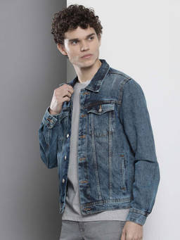 The Indian Garage Co - Men Blue Slim Fit Solid Cutaway Collar Full Sleeves Denim Jacket