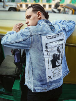 The Indian Garage Co - Men Blue Slim Fit Printed High Neck Collar Full Sleeves Denim Jacket
