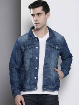 The Indian Garage Co - Men Blue Slim Fit Solid High Neck Collar Full Sleeves Denim Jacket