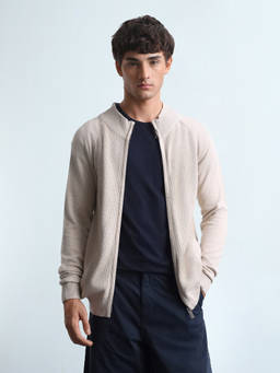 Flying Machine - Men Beige Solid Zipper Sweater
