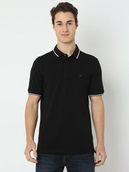 Spykar - Men Black Slim Fit Solid Half Sleeve Casual Polo T-Shirt