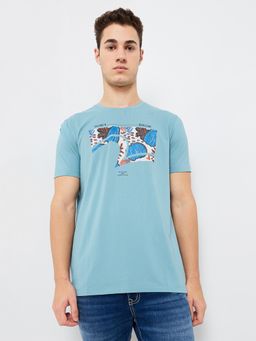 Spykar - Men Blue Slim Fit Graphic Half Sleeve Casual T-Shirt