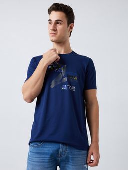 Spykar - Men Blue Slim Fit Graphic Half Sleeve Casual T-Shirt