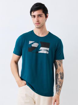 Spykar - Men Teal Slim Fit Graphic Half Sleeve Casual T-Shirt