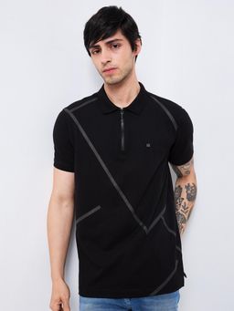 Spykar - Men Black Slim Fit Solid Half Sleeve Casual Polo T-Shirt