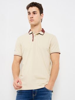 Spykar - Men Beige Slim Fit Solid Half Sleeve Casual Polo T-Shirt