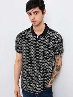 Spykar - Men Black Slim Fit Printed Half Sleeve Casual Polo T-Shirt
