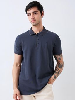 Spykar - Men Blue Slim Fit Solid Half Sleeve Casual Polo T-Shirt