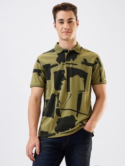 Spykar - Men Green Slim Fit Printed Half Sleeve Casual Polo T-Shirt