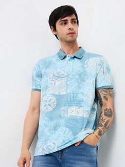 Spykar - Men Blue Slim Fit Printed Half Sleeve Casual Polo T-Shirt