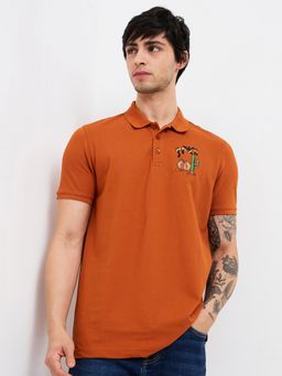 Spykar - Men Orange Slim Fit Solid Half Sleeve Casual Polo T-Shirt